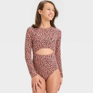 Art Class Leopard Print One Piece Rashguard Swimsuit | L (10/12)